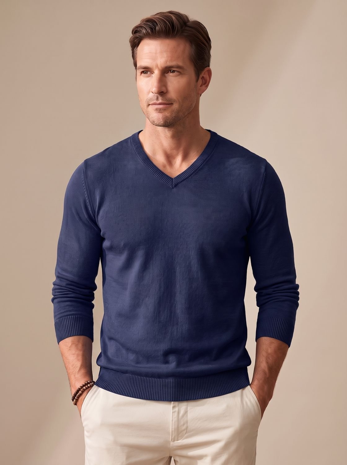 Men's fine-knit sweater featuring a classic V-neckline