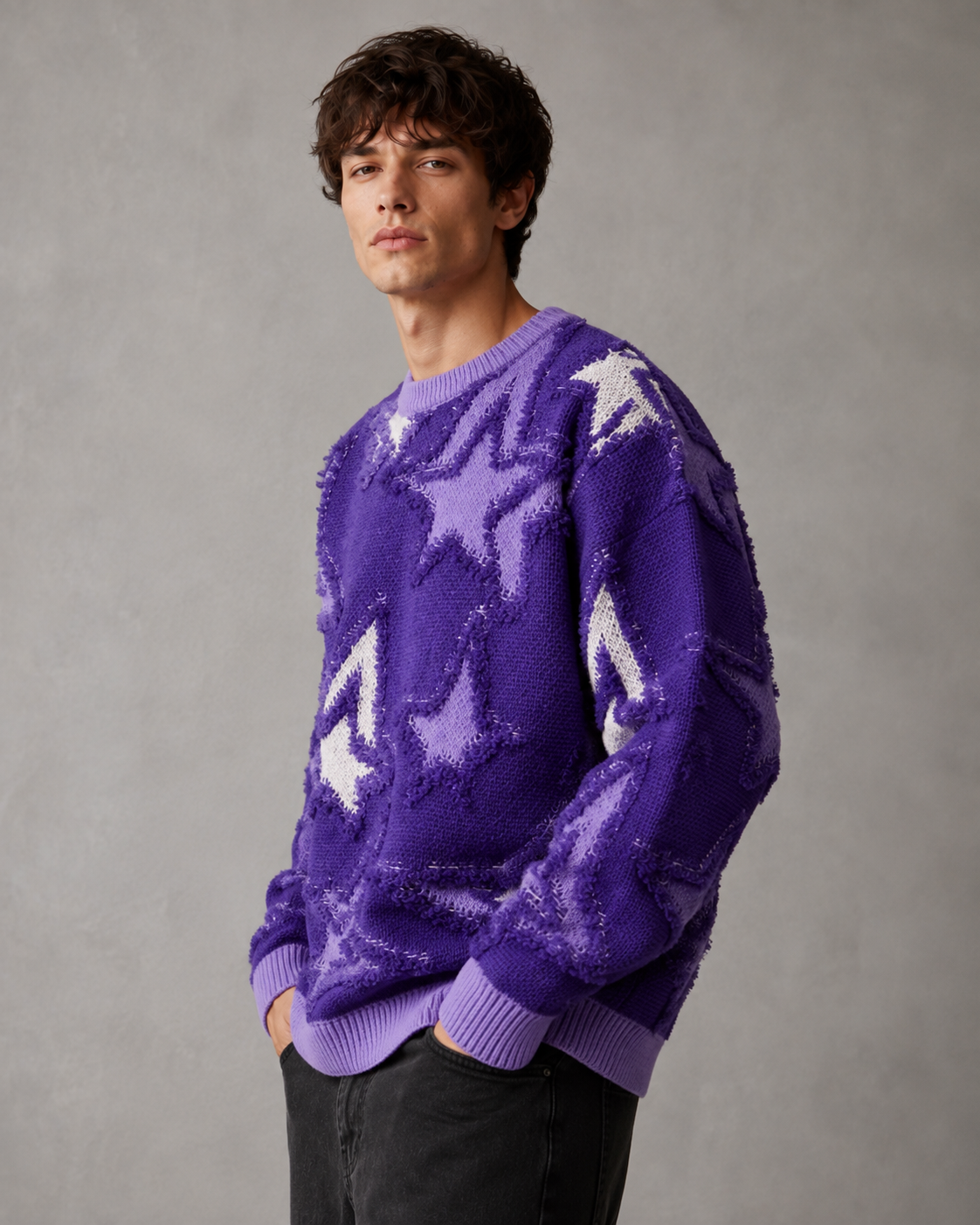 Detailed view of the star motif across the knit sweater