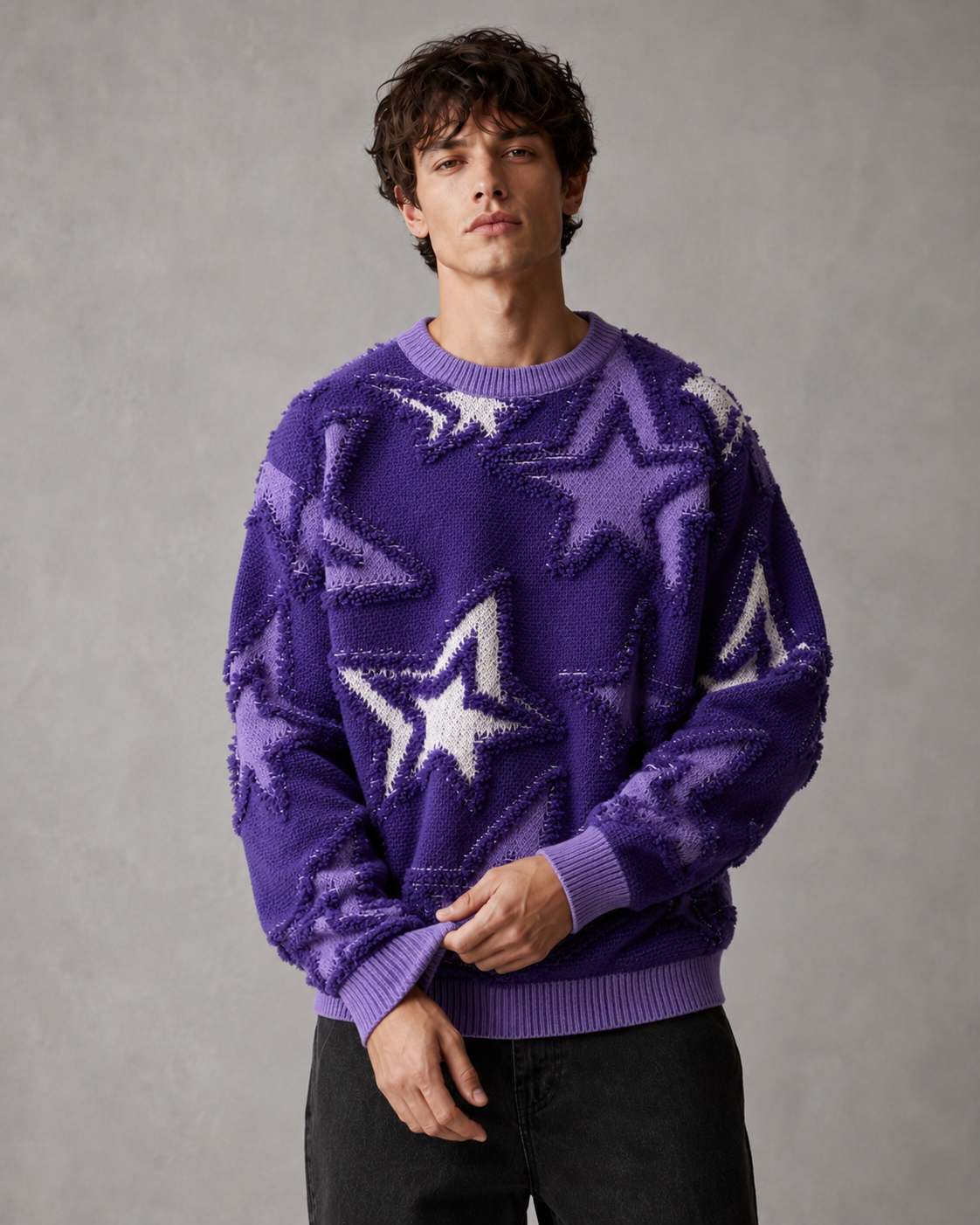 Men's star knit sweater paired with casual bottoms
