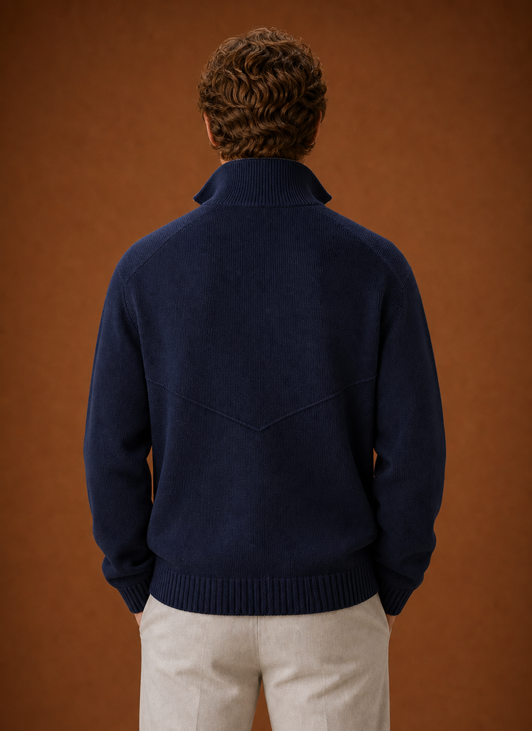 Men's cardigan jacket showing the ribbed trim and cuffs