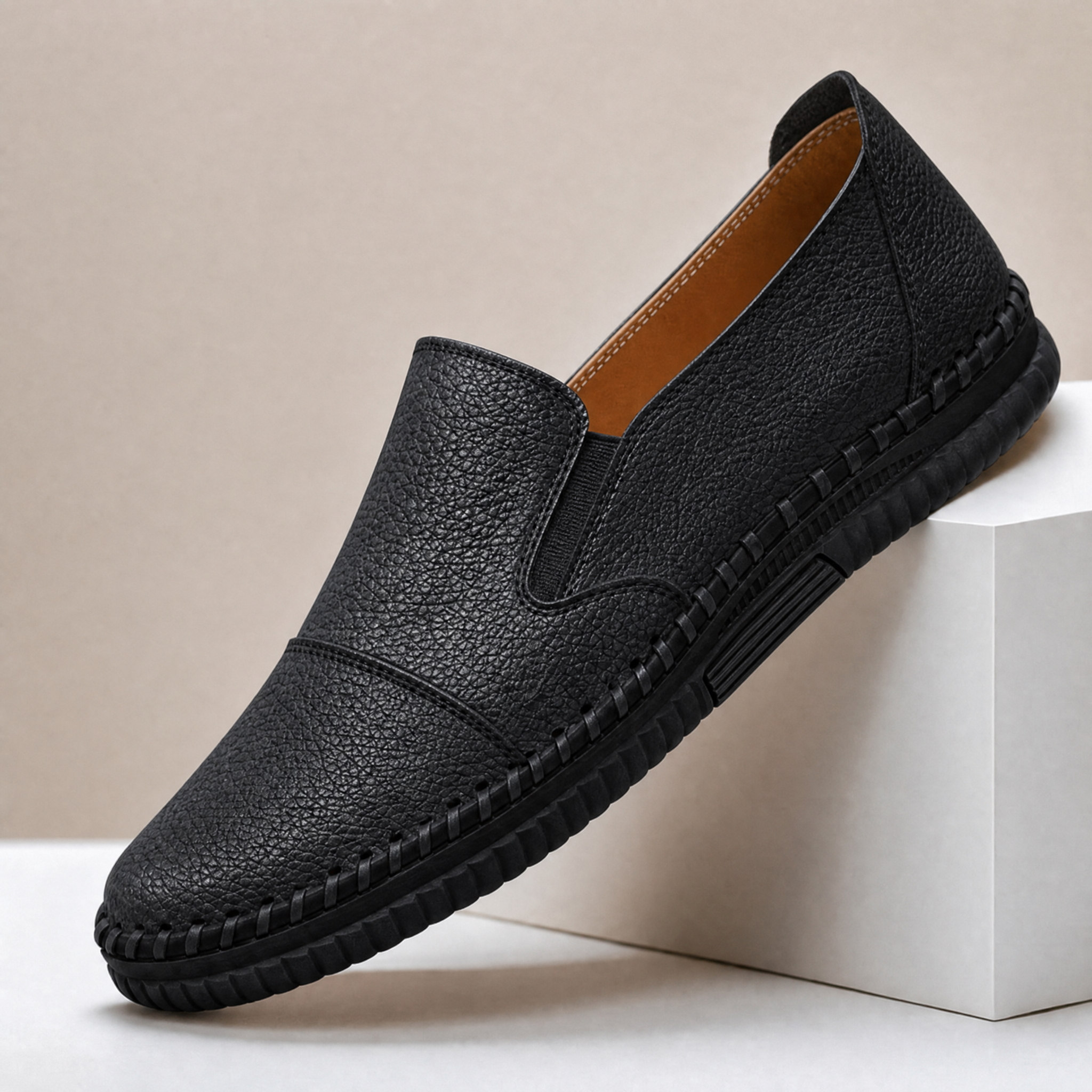 Classic leather comfort shoes arranged as a pair