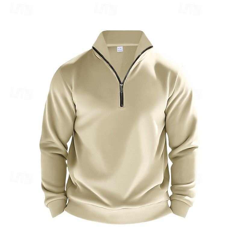 Quarter-zip men's sweater displayed with its zipper partially open