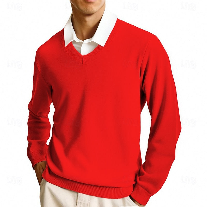 Full view of a men's V-neck knit sweater for layering