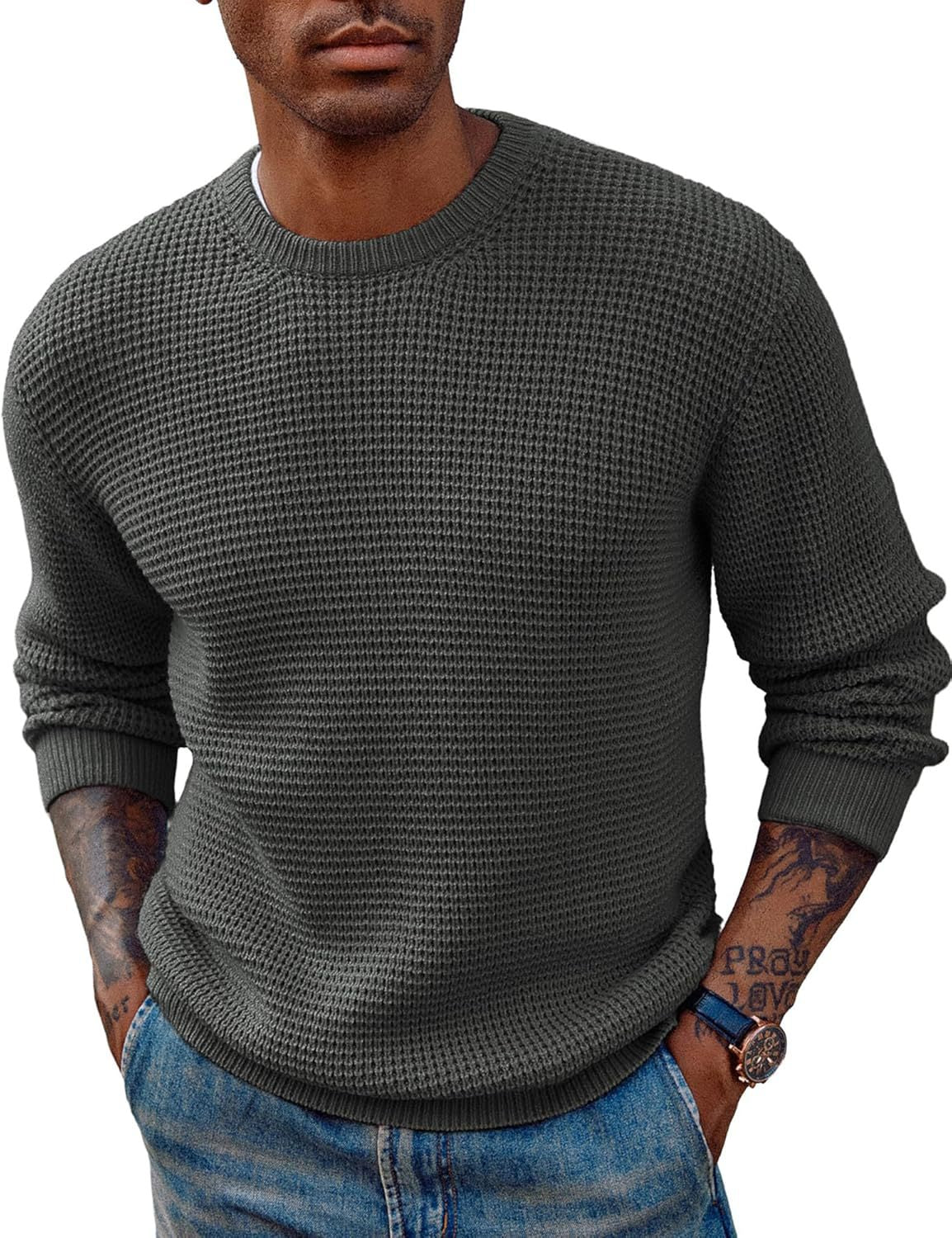 Detail of the crew neckline and ribbed stitching on the sweater