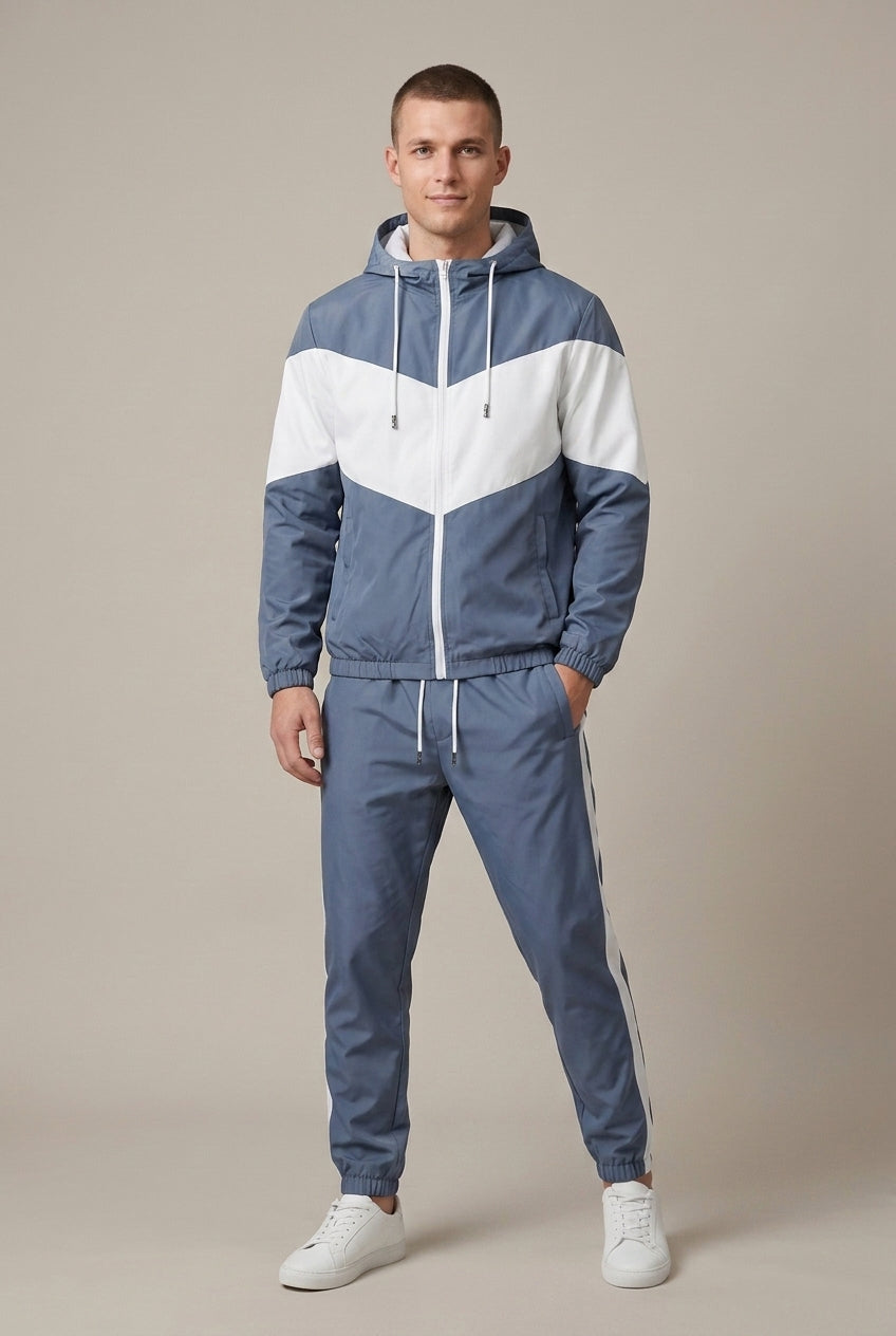 Close-up view of the hood, jacket details, and contrast panel design