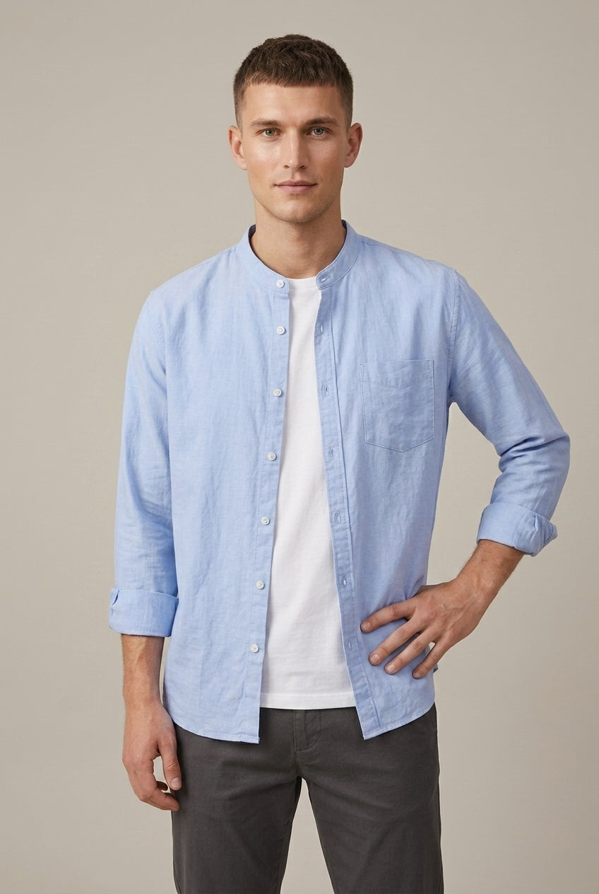 Side view of the men's long sleeve linen blend shirt