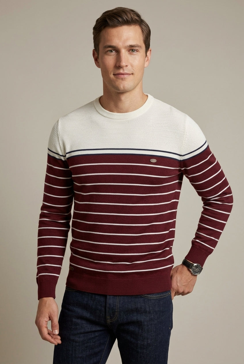 Men's striped sweater styled for casual everyday wear