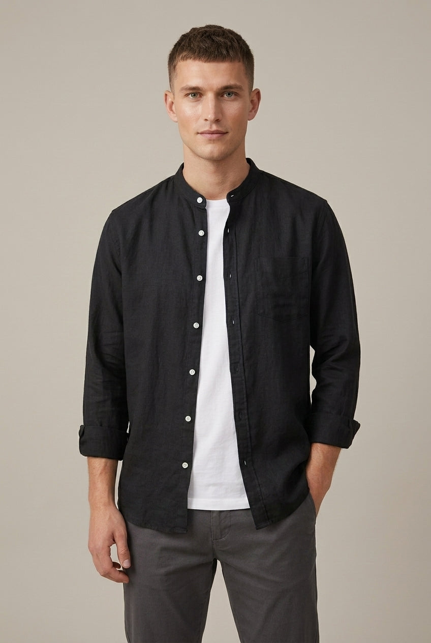 Men's Linen Blend Band Collar Long Sleeve Shirt