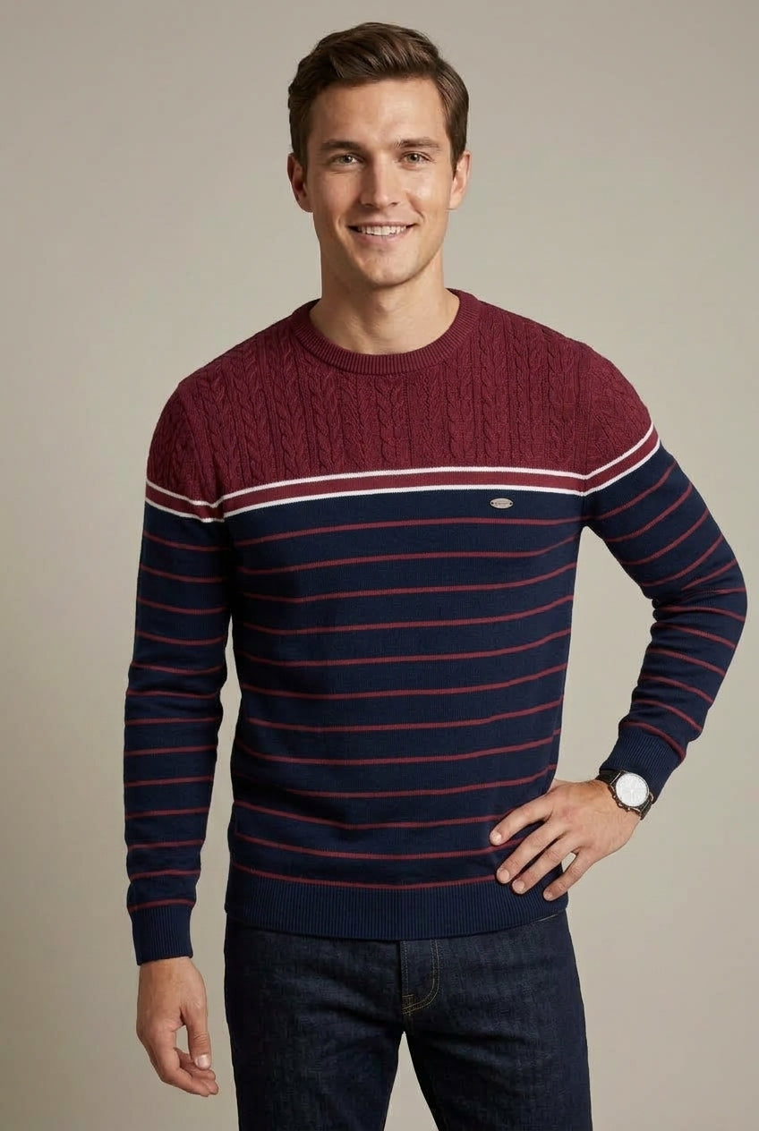Side view of a men's striped crew neck sweater