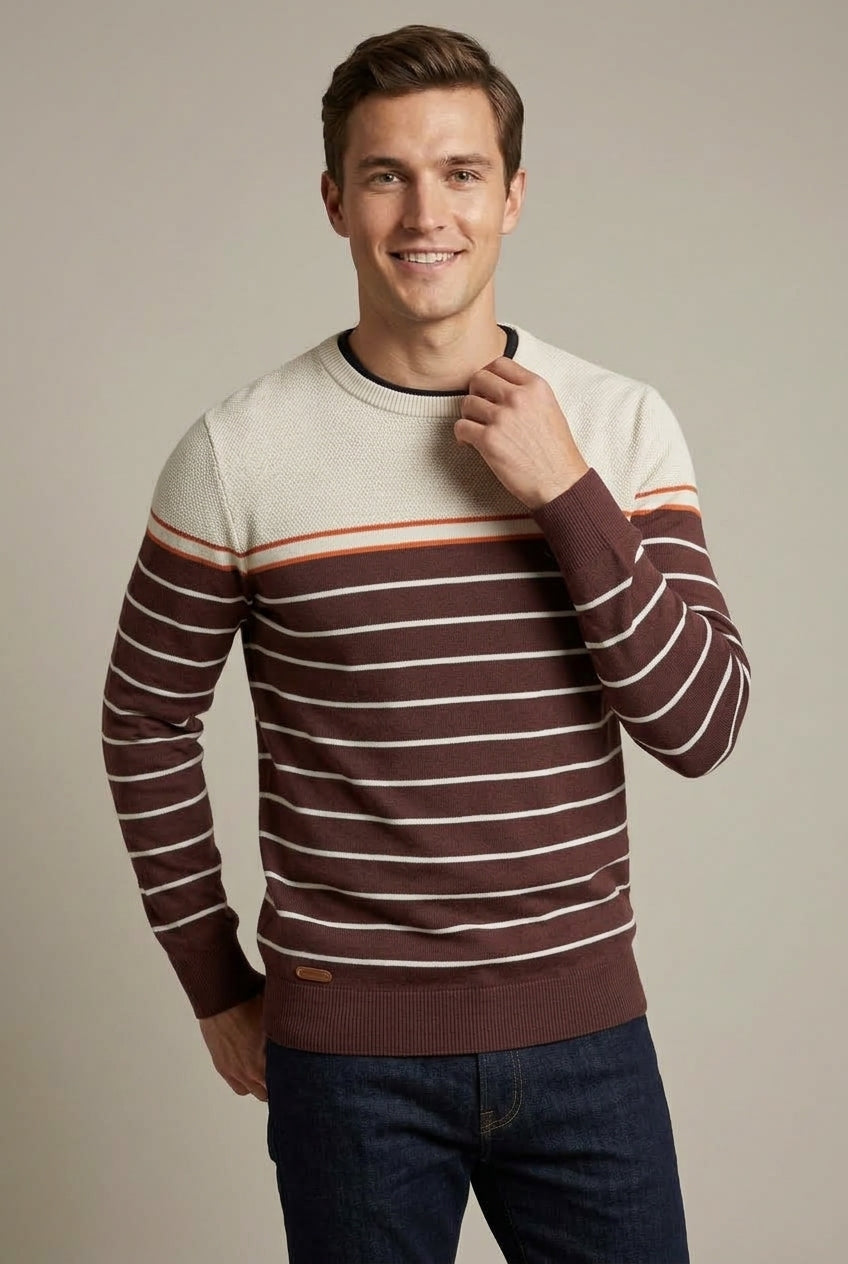 Men's crew neck sweater displayed with long sleeves