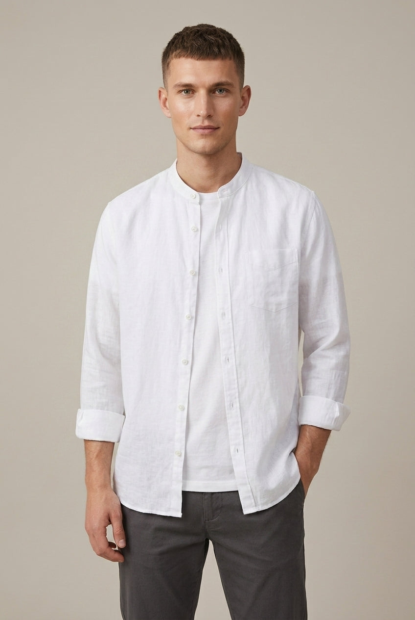 Back view of the men's band collar long sleeve shirt