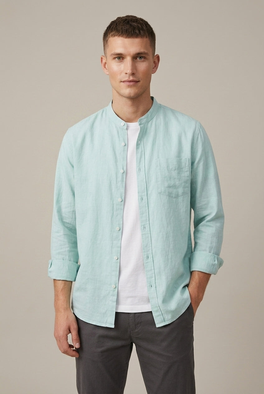 Men's Linen Blend Band Collar Long Sleeve Shirt