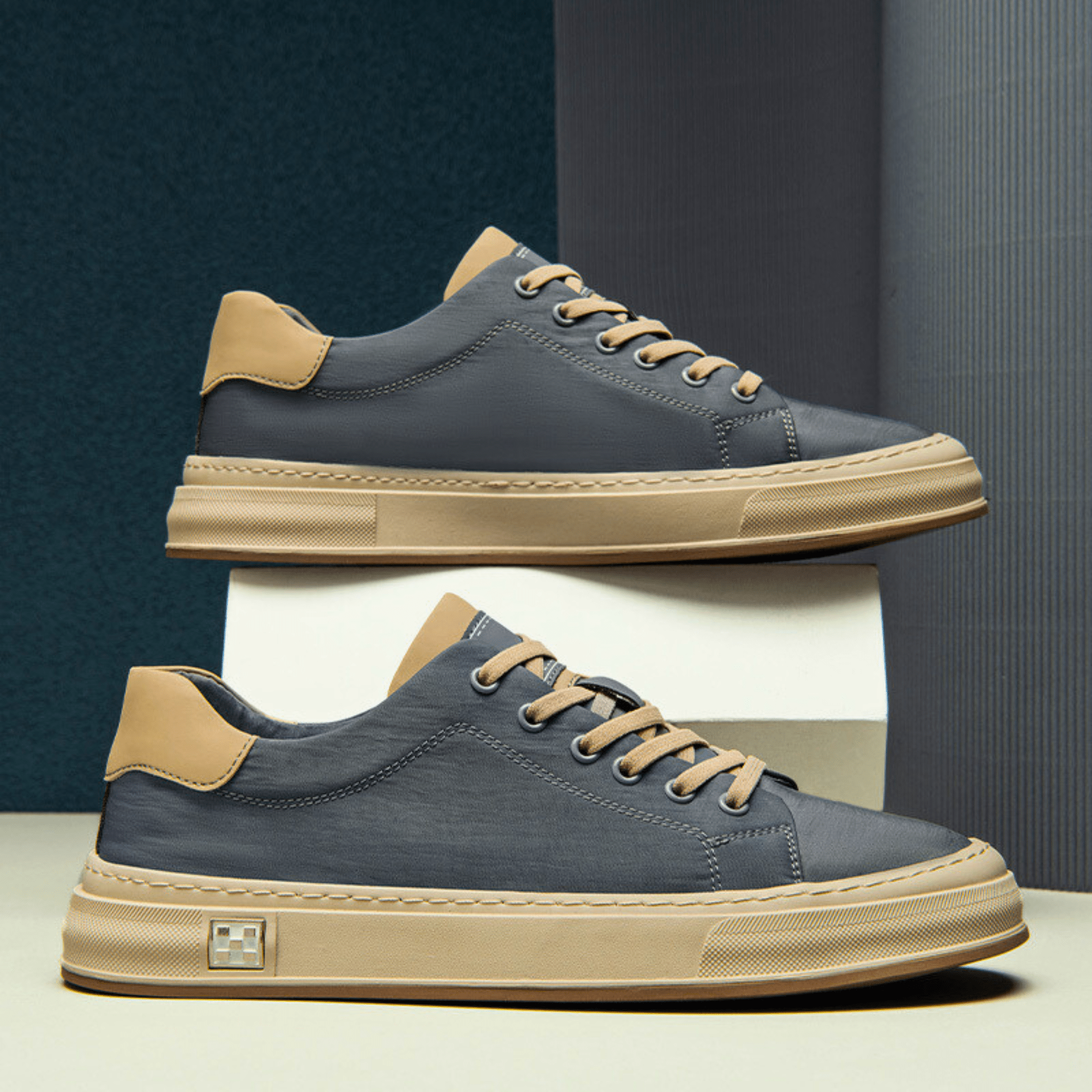 Low-top trainers showing the textured canvas upper