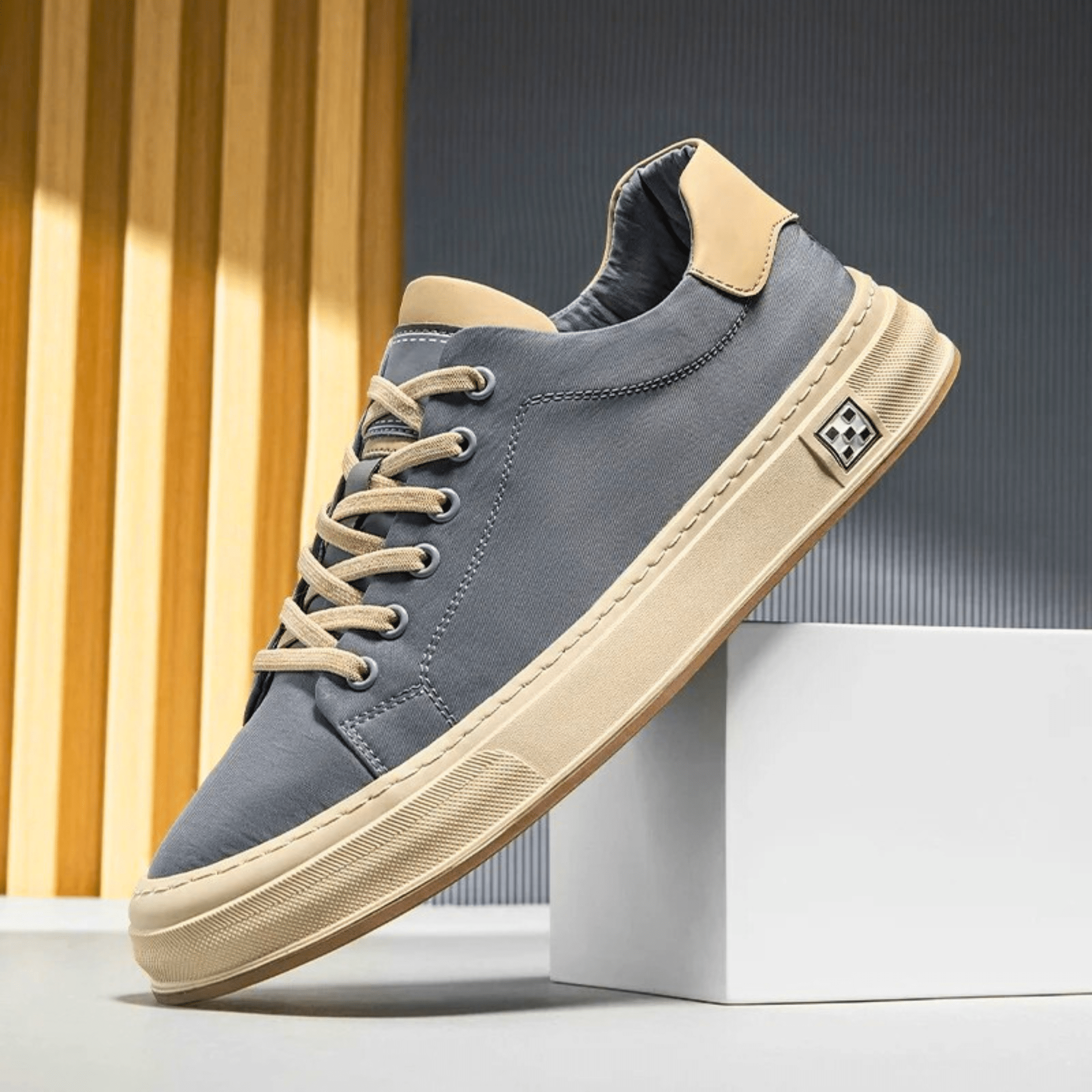 Low-top canvas trainers shown from the side