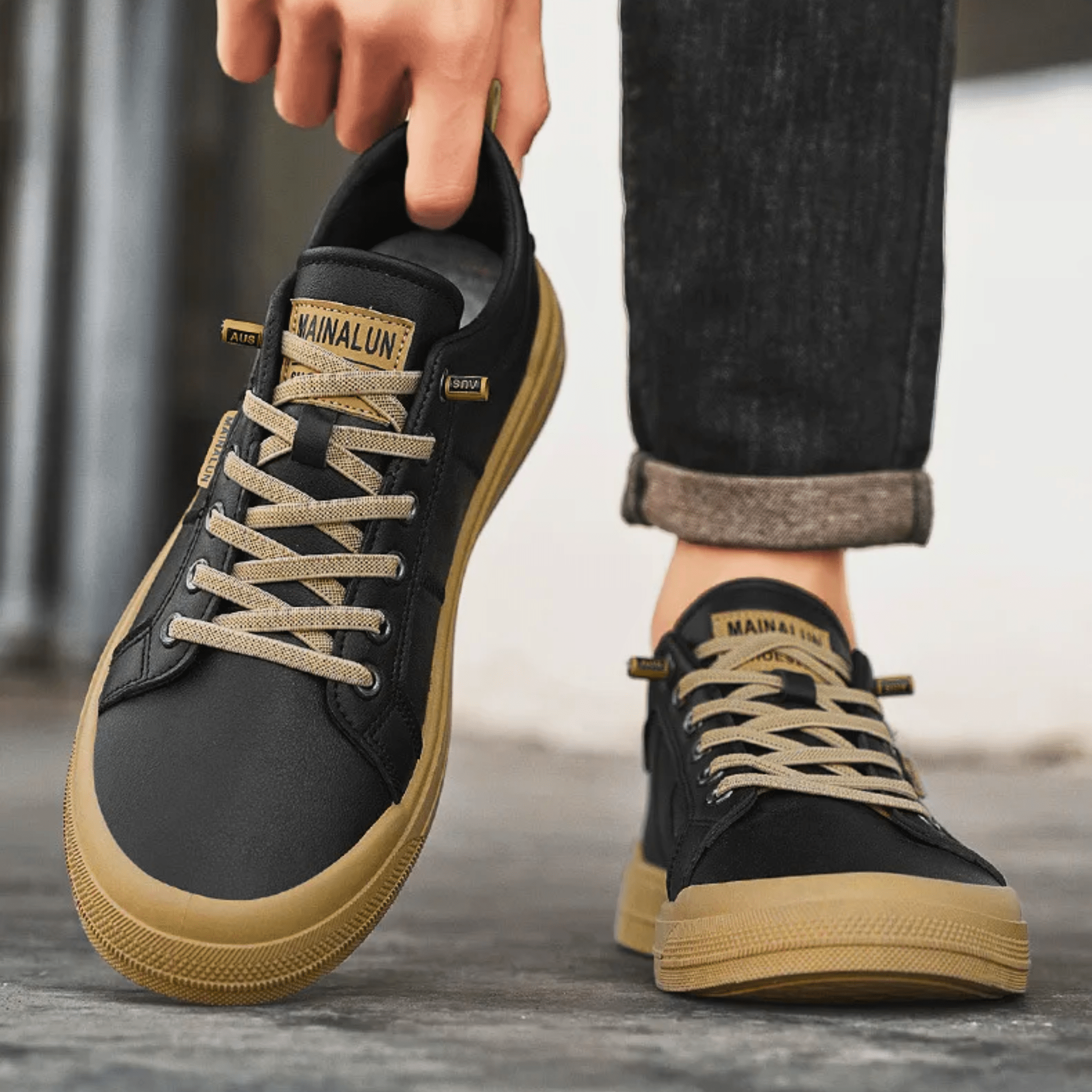 Detailed view of leather sneaker upper and lace-up closure