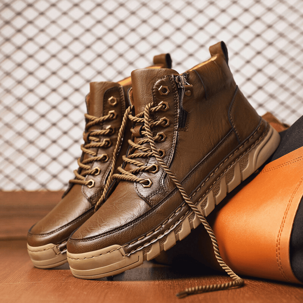 Detailed view of the boot laces and upper
