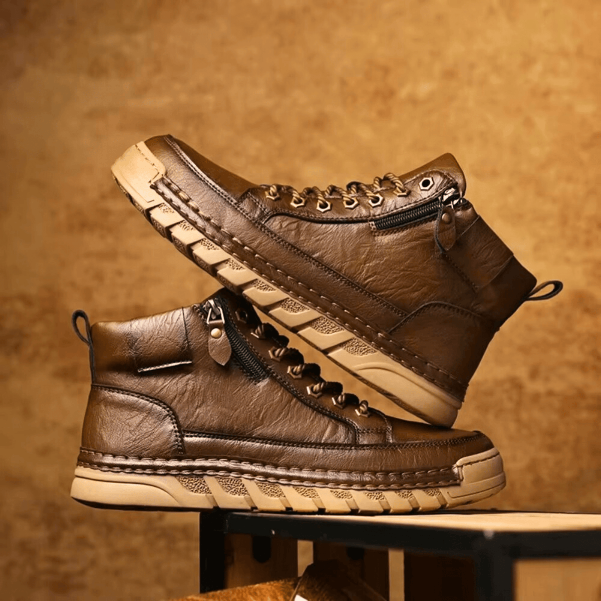 Close-up of the leather upper on men's boots