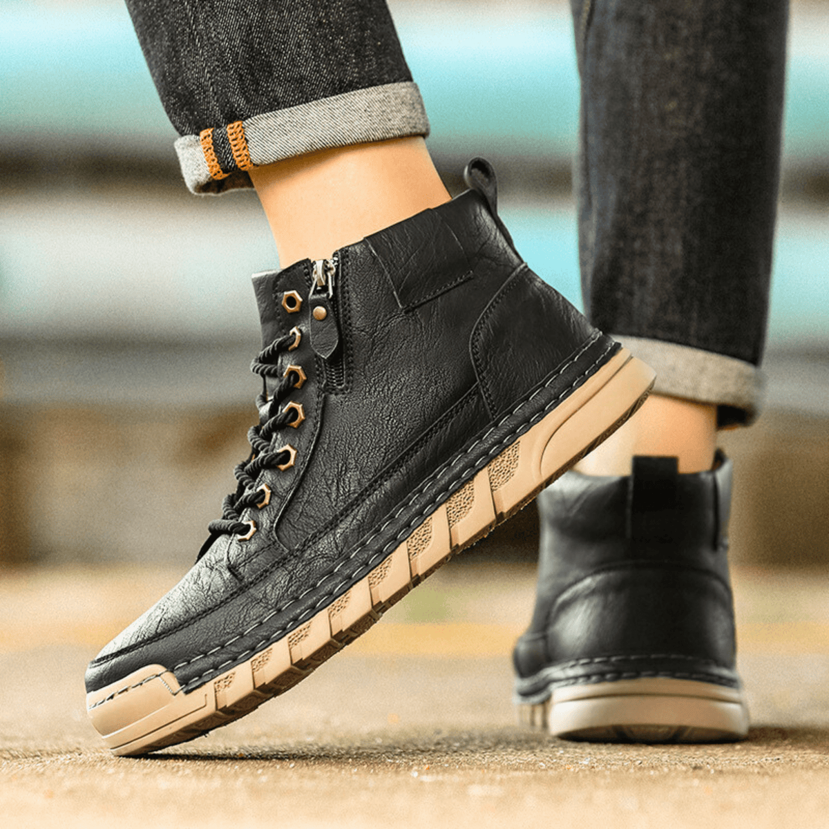 Men's leather boots presented as everyday footwear