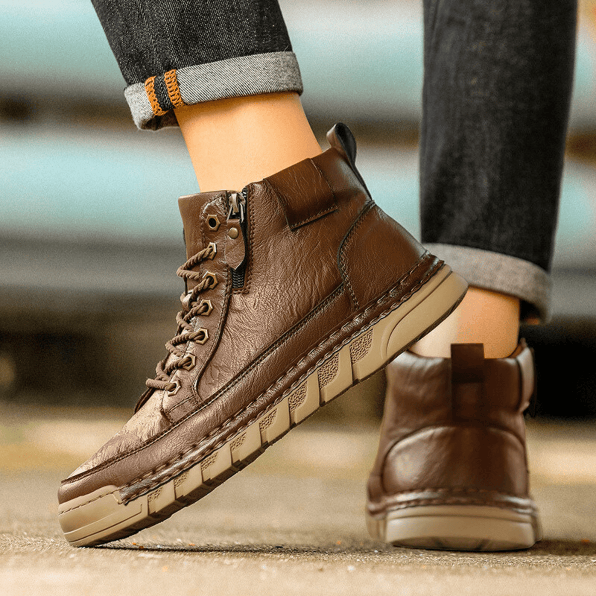 Close-up of the sturdy sole on a men's leather boot