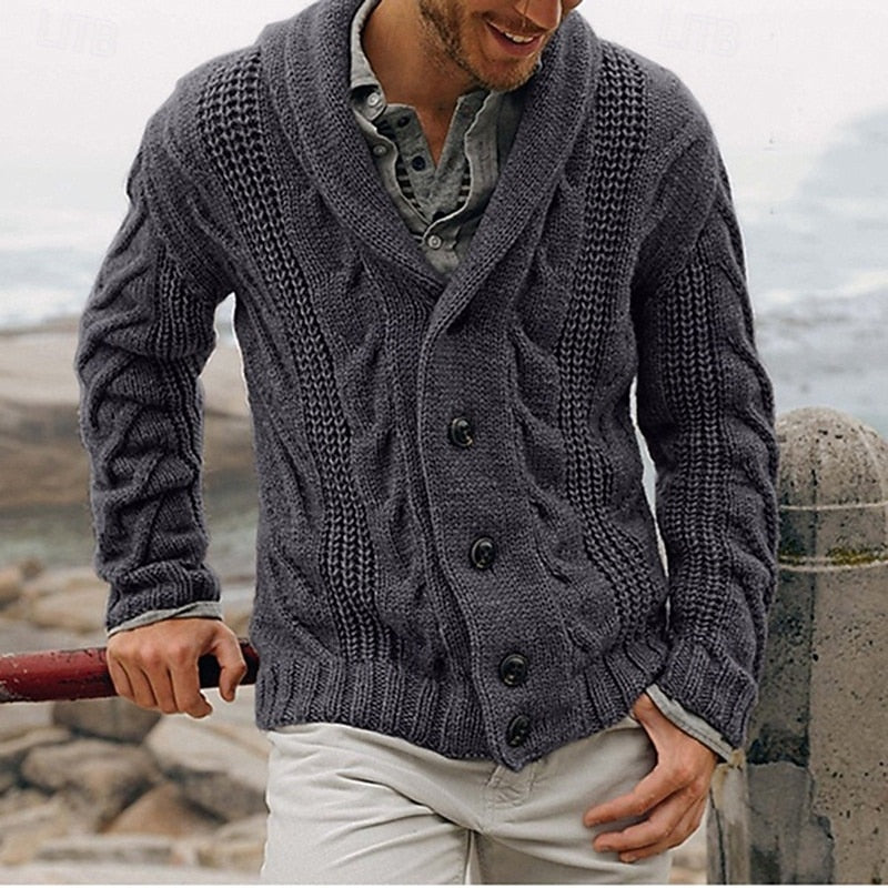 Men's chunky cable knit cardigan with a shawl collar