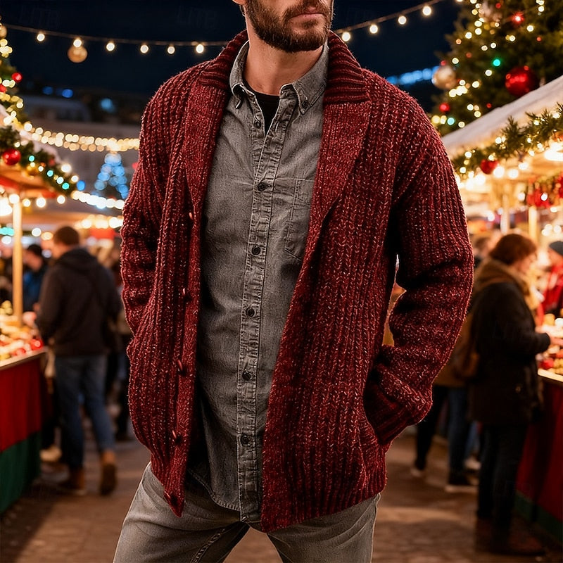 Close-up of the cardigan's chunky knit texture and shawl collar