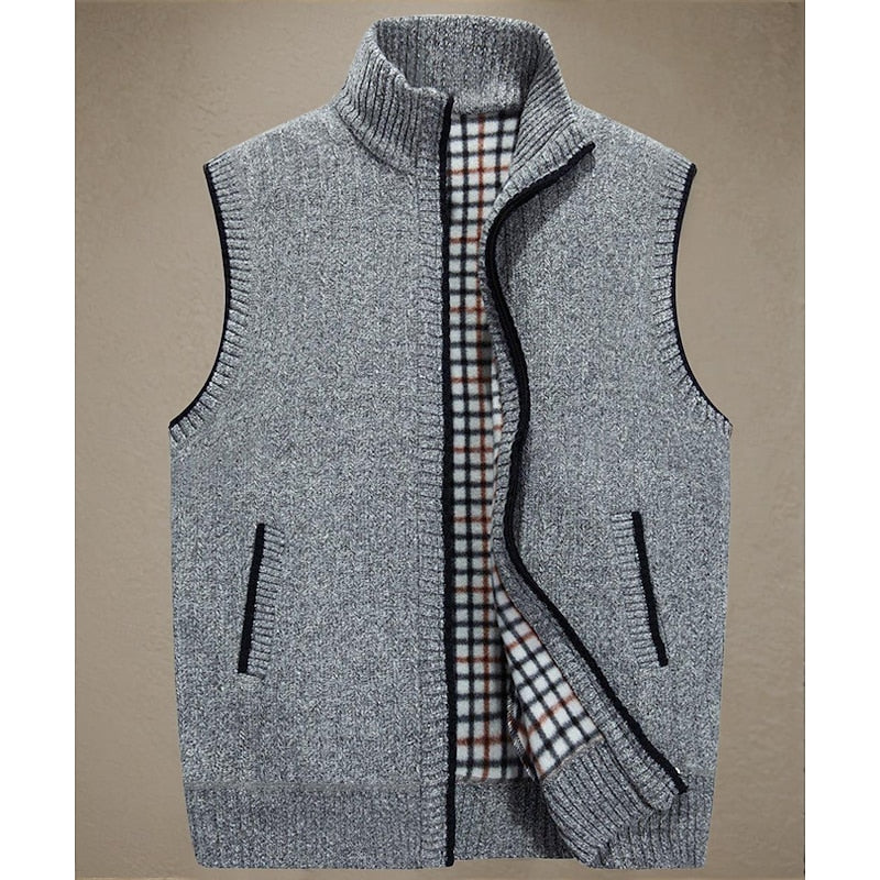 Men's warm knit vest with a stand collar shown from the front